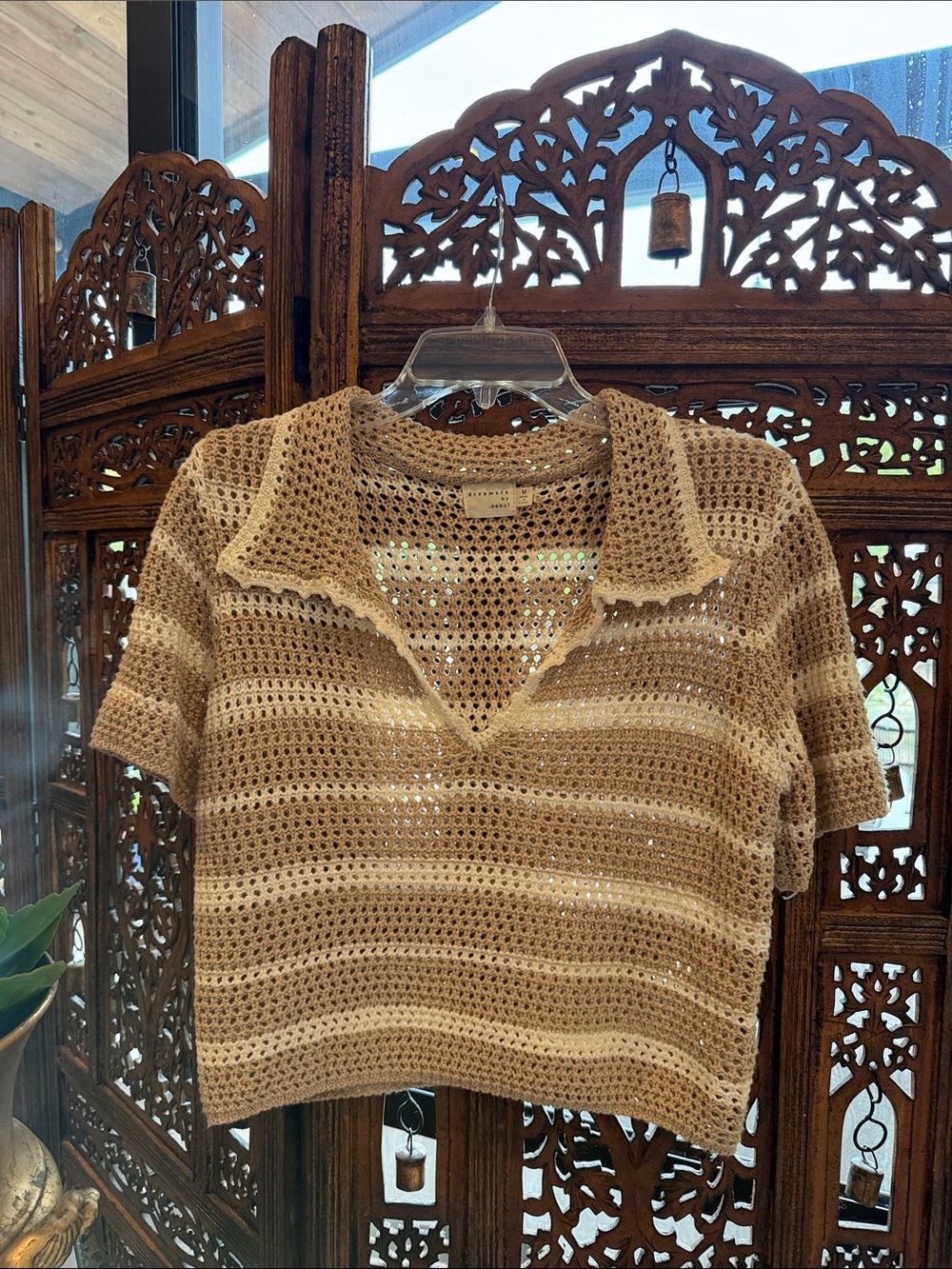 Striped Crochet Polo Crop Top in Beige and Cream